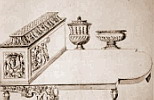 A.N. Cousinet. "Cadenas", estuche de cubiertos, quizá el confeccionado en 1698 para uso de Luis XIV. Dibujo de 1702. Museo nacional de Estocolmo.