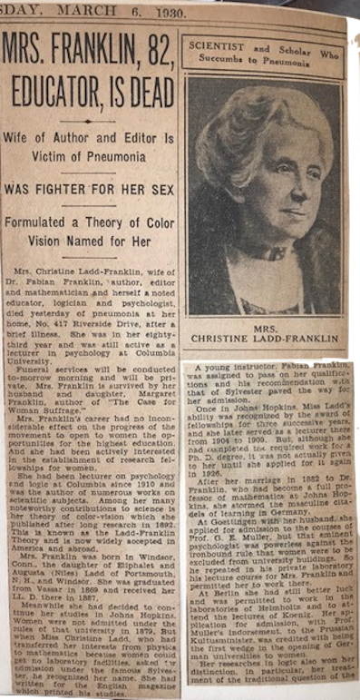 Carta de Christine Ladd-Franklin a Arthur N. Hosking (2 diciembre 1929)
